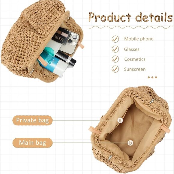 Straw Clutch Purse for Women Cloud Dumpling Pouch Straw Crossbody Shoulder Handb - Picture 4 of 6